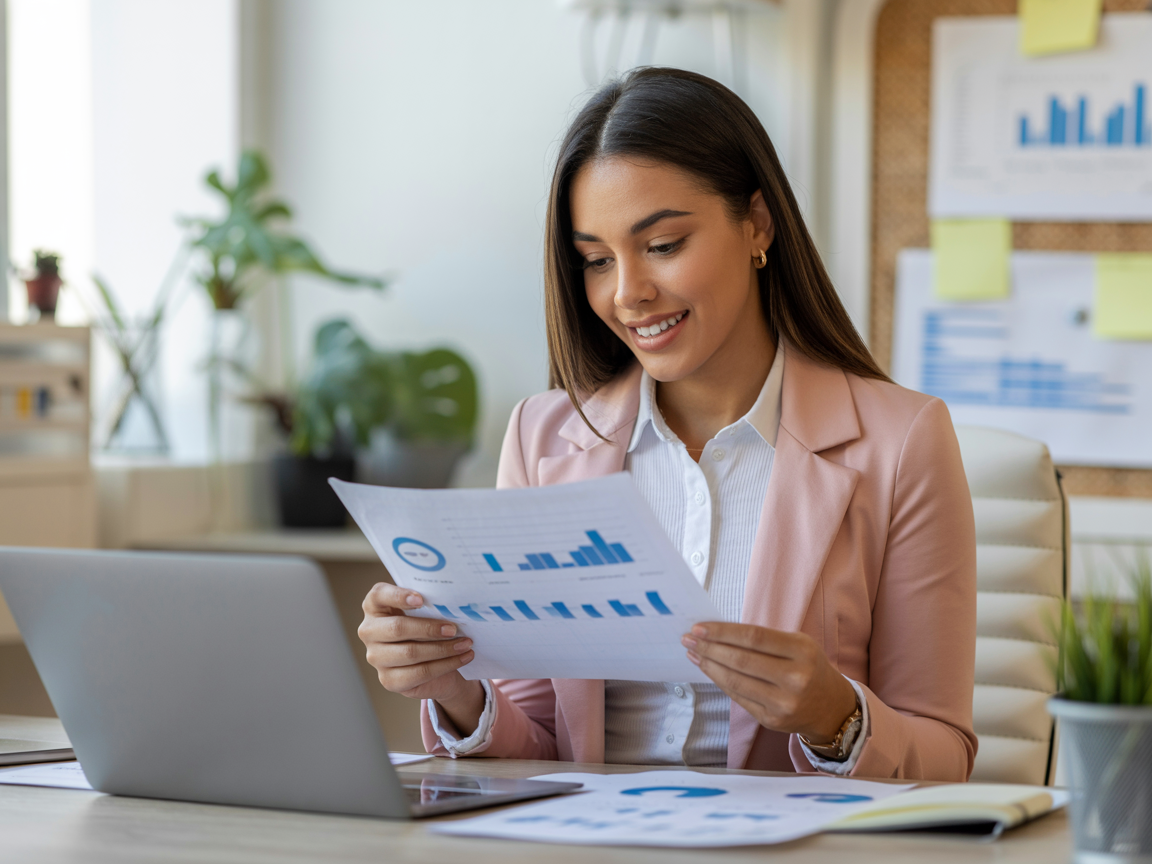 Mujer joven segura de sí misma analizando finanzas
